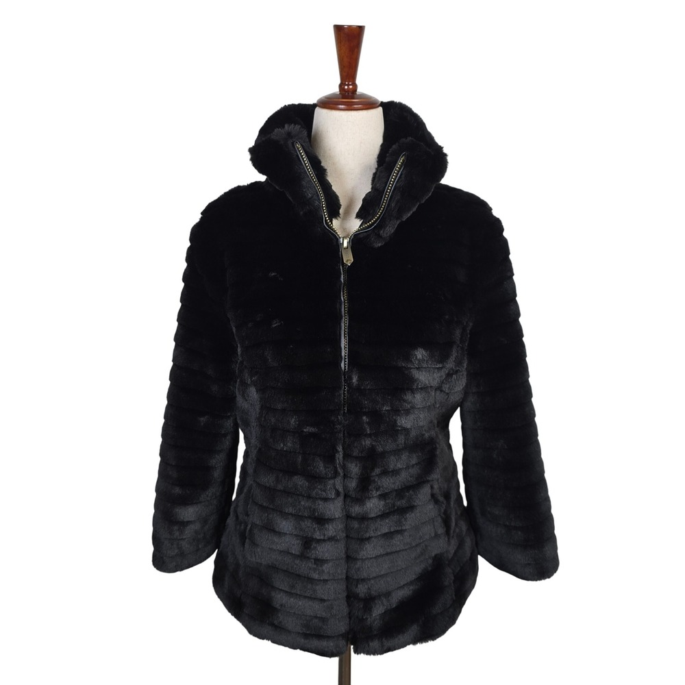 Guess Womens Black Faux Fur Ribbed Zip Up Funnel Neck Jacket Medium